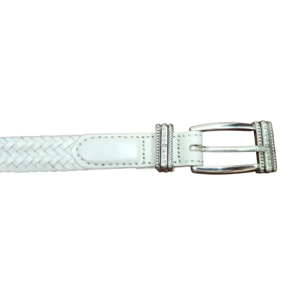 Talbots Women's White Woven Belt Size M Braided Leather Silver Buckle
